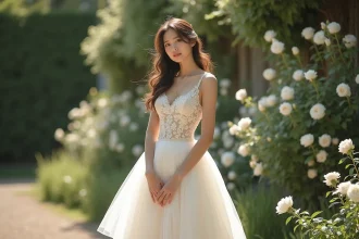 Femme portant une robe de mariée princesse courte en tulle et dentelle dans un jardin fleuri