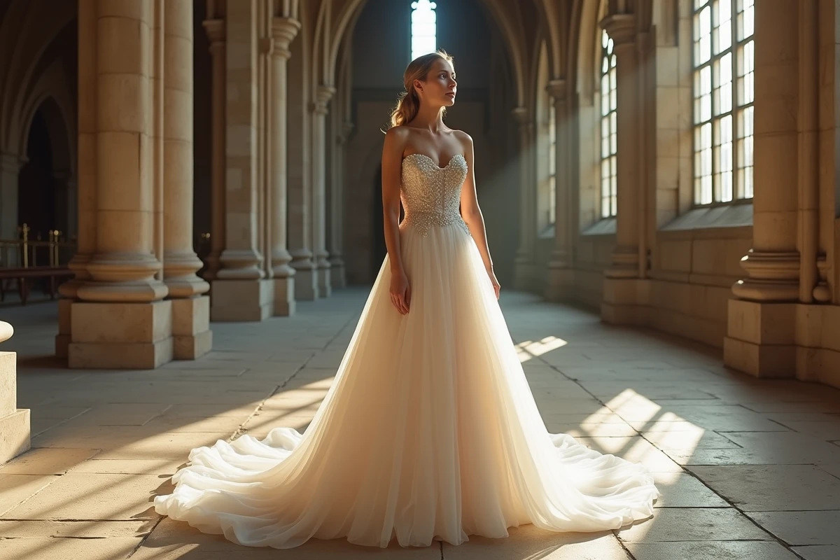 Mariée en robe princesse longue en organza dans une église ancienne avec traîne cathédrale