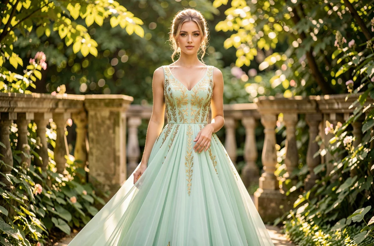 Mariée en robe vert d'eau et broderies dorées dans un jardin élégant avec balustrades en pierre