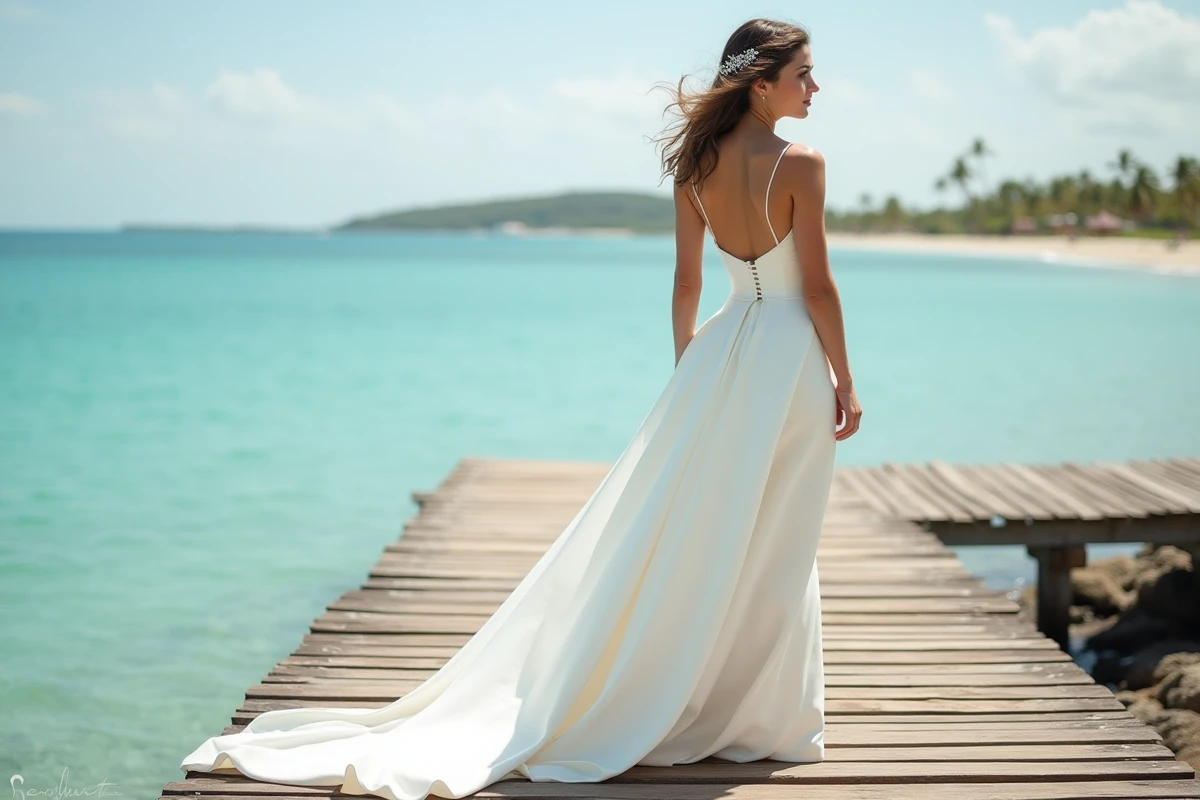 Femme en robe de mariée asymétrique sur un ponton en bois au bord de la mer, dos tourné vers l'horizon