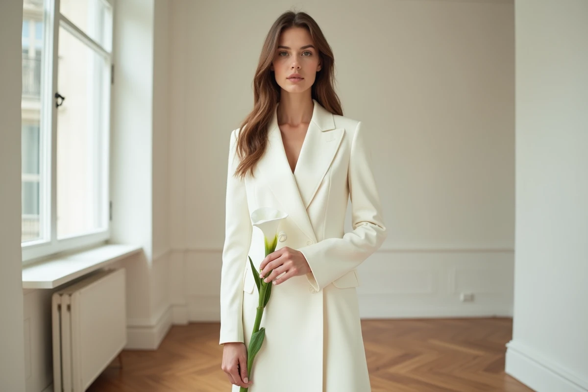 Mariée moderne en robe blazer ivoire structurée à double boutonnage dans un appartement haussmannien épuré, look couture minimaliste