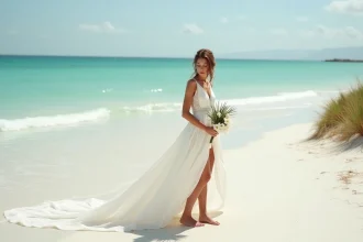 Mariée en robe courte devant longue derrière sur une plage de sable blanc, pieds nus au bord de l'eau