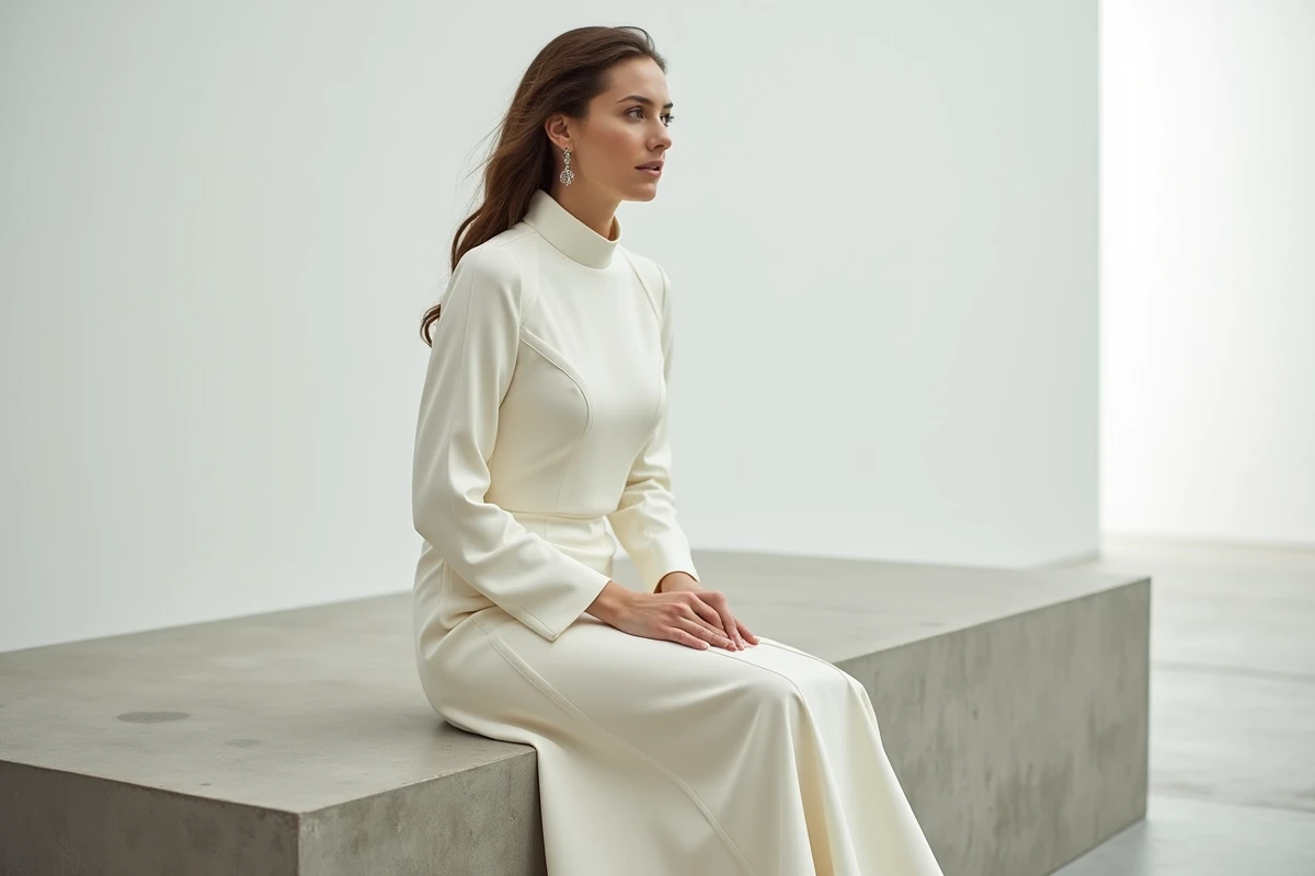 Femme portant une robe de mariée couture à col haut et manches longues en jersey mat, assise dans une galerie d'art contemporain épurée