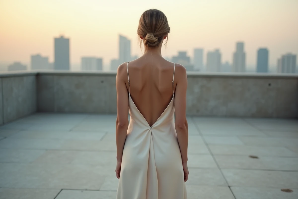 Mariée de dos en robe dos nu biais en soie champagne sur une terrasse en pierre avec vue sur la ville, style minimaliste chic