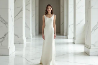 Mariée en robe minimaliste ivoire en crêpe de soie dans un couloir de marbre blanc épuré, silhouette élégante et couture