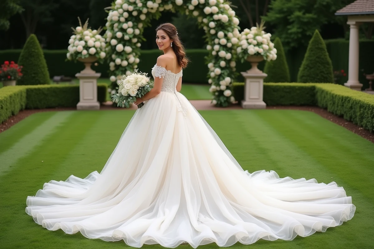 Robe de mariée princesse volumineuse avec traîne dans un jardin de château en plein air