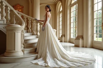 Mariée en robe princesse ivoire avec longue traîne cathédrale sur un escalier en marbre dans un château