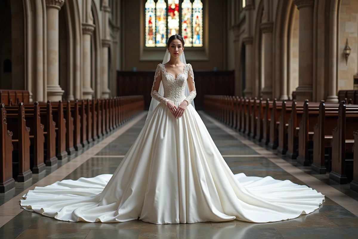 Robe de mariée royale princesse avec longue traîne dans une cathédrale gothique aux voûtes en pierre