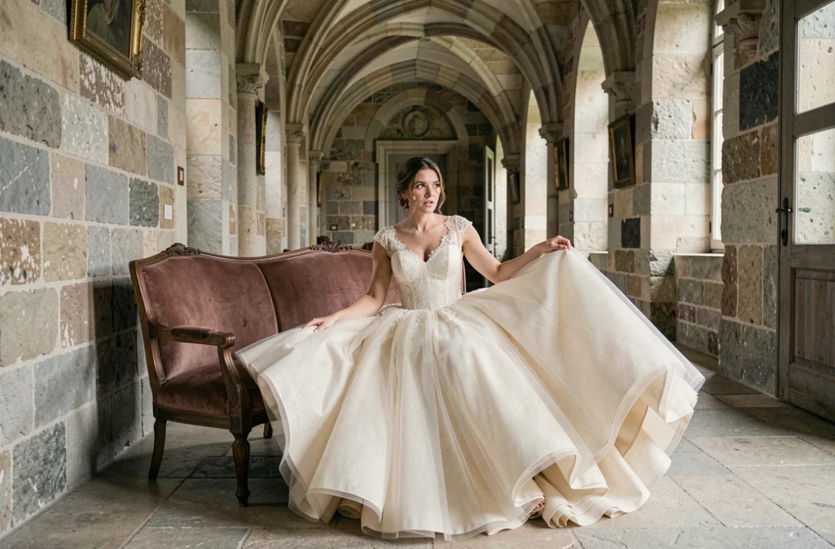 Mariée en robe de bal volumineuse dans un couloir de château, montrant l'ampleur excessive de la jupe en tulle