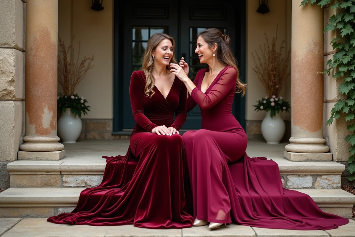 Deux femmes en robes bordeaux assorties devant un château lors d'un mariage en saison froide