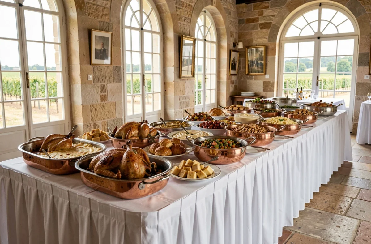 Buffet dînatoire de mariage traditionnel français préparé par Royer Traiteur avec spécialités des Yvelines