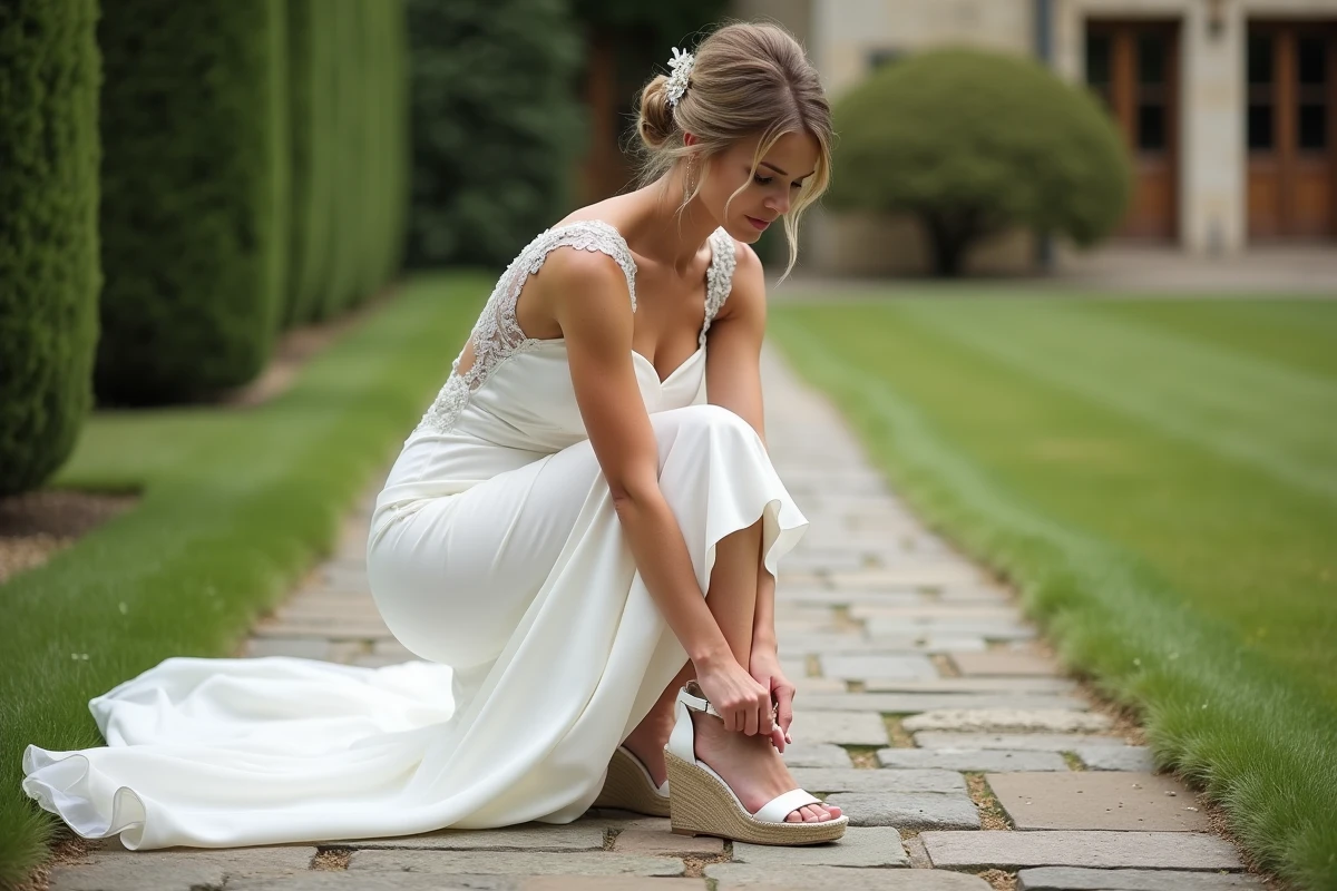 Femme en robe de mariée ajustant ses sandales compensées blanches sur un chemin de pierre en jardin extérieur