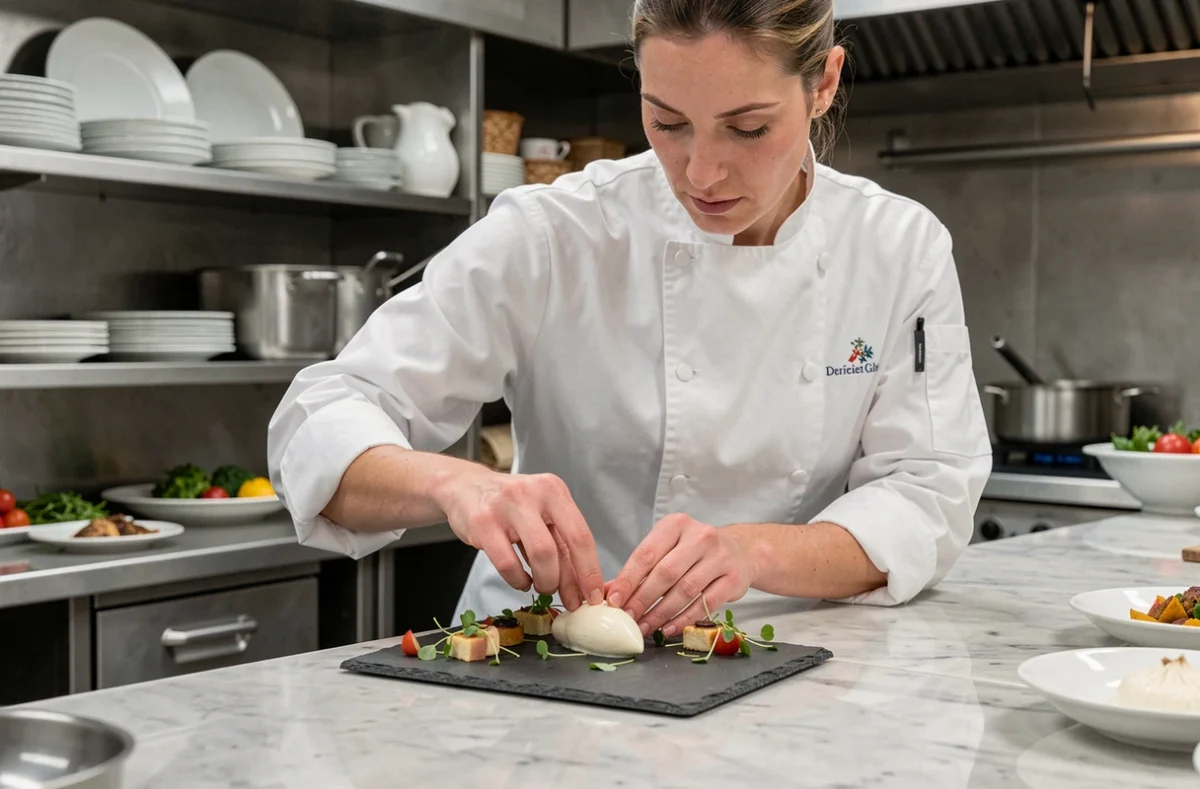 Chef traiteur SB Traiteur dressant une assiette gastronomique dans une cuisine professionnelle