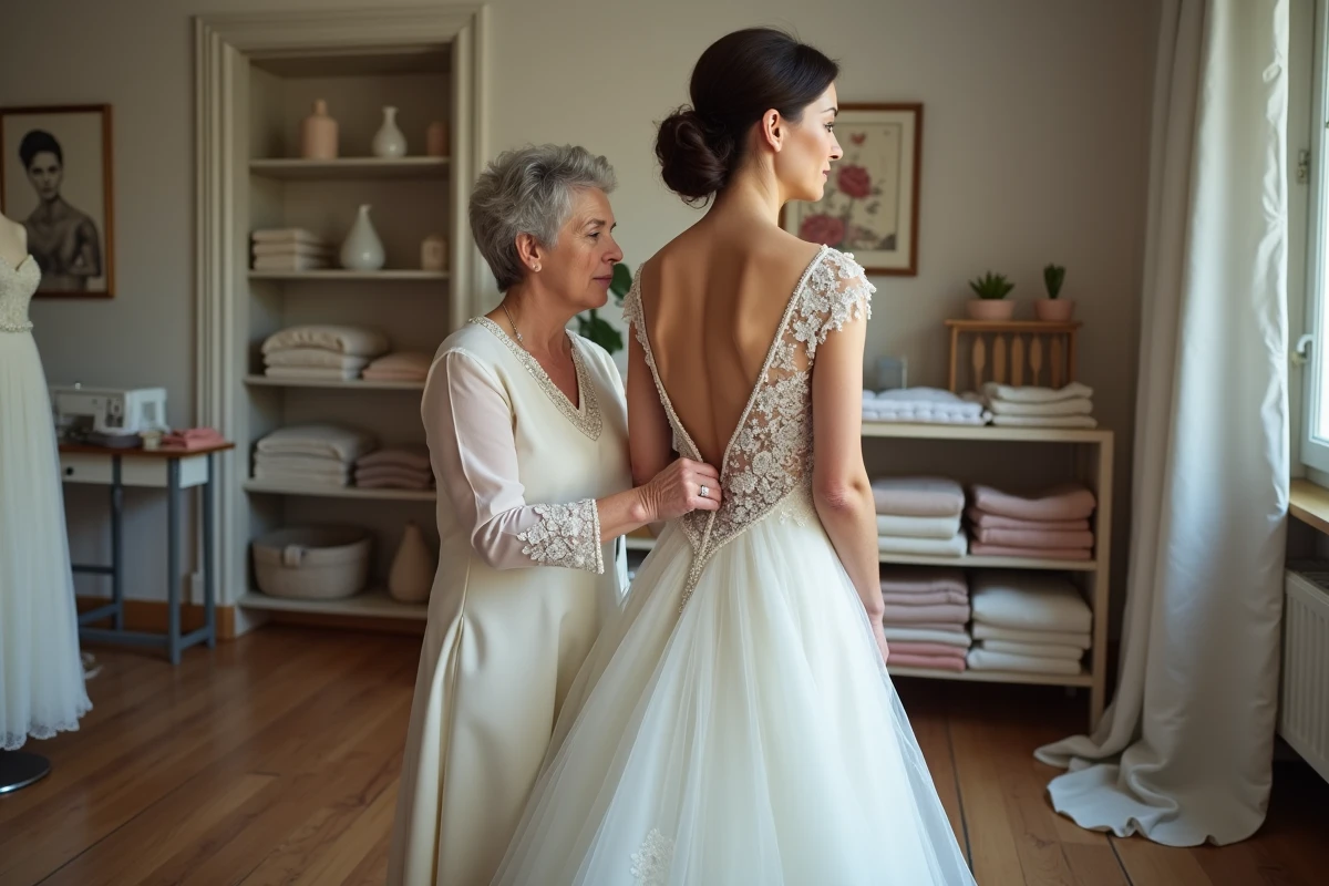 Seamstress ajuste la robe de mariée dans un atelier lumineux