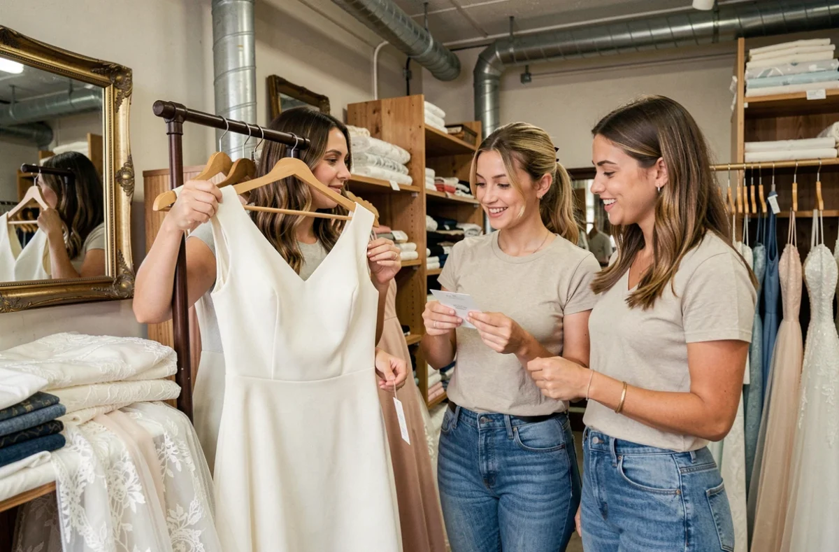 Deux femmes cherchant une robe de mariée chic et pas chère dans une boutique de robes de mariée d'occasion