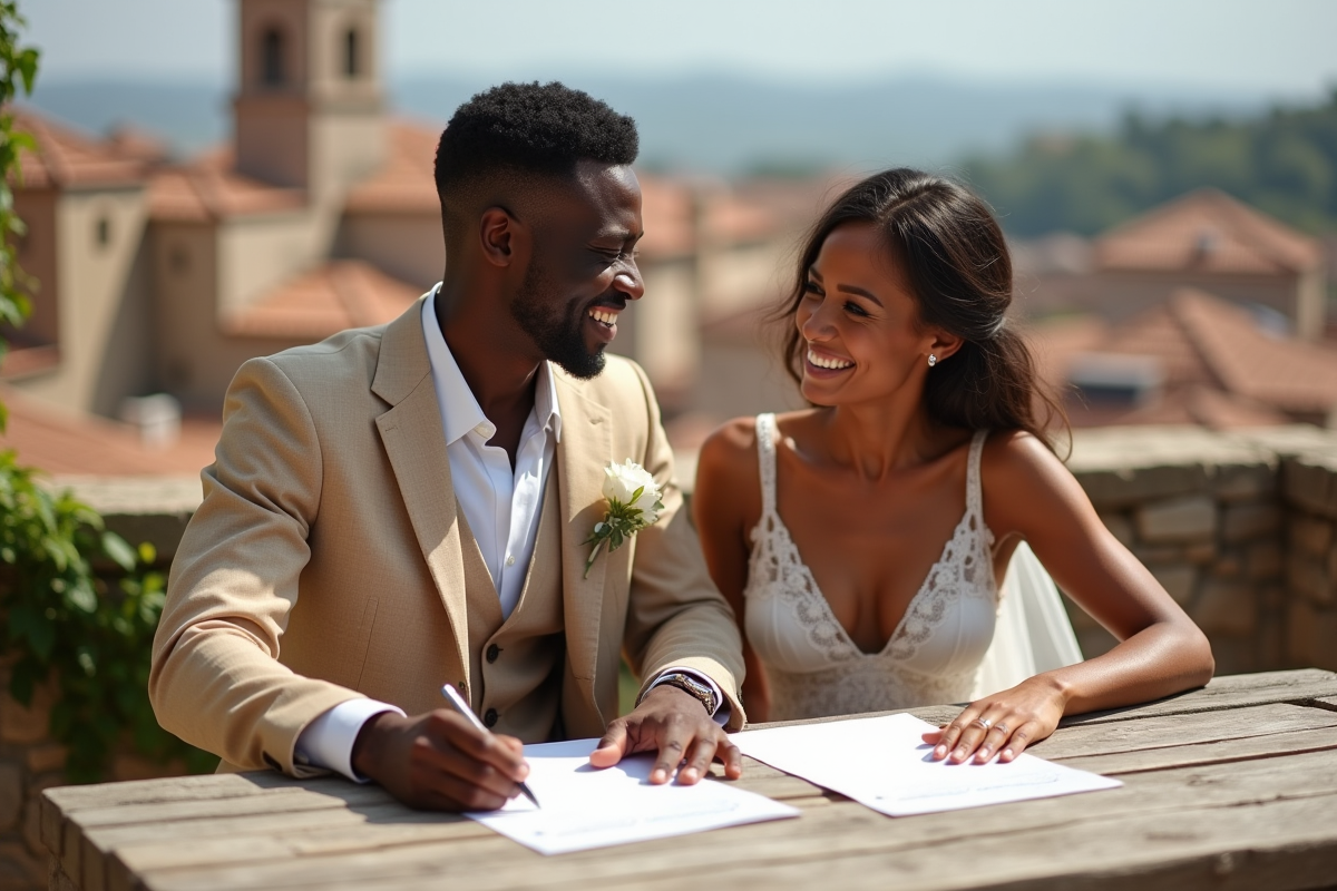 Couple signe les papiers de mariage sur une terrasse en Europe