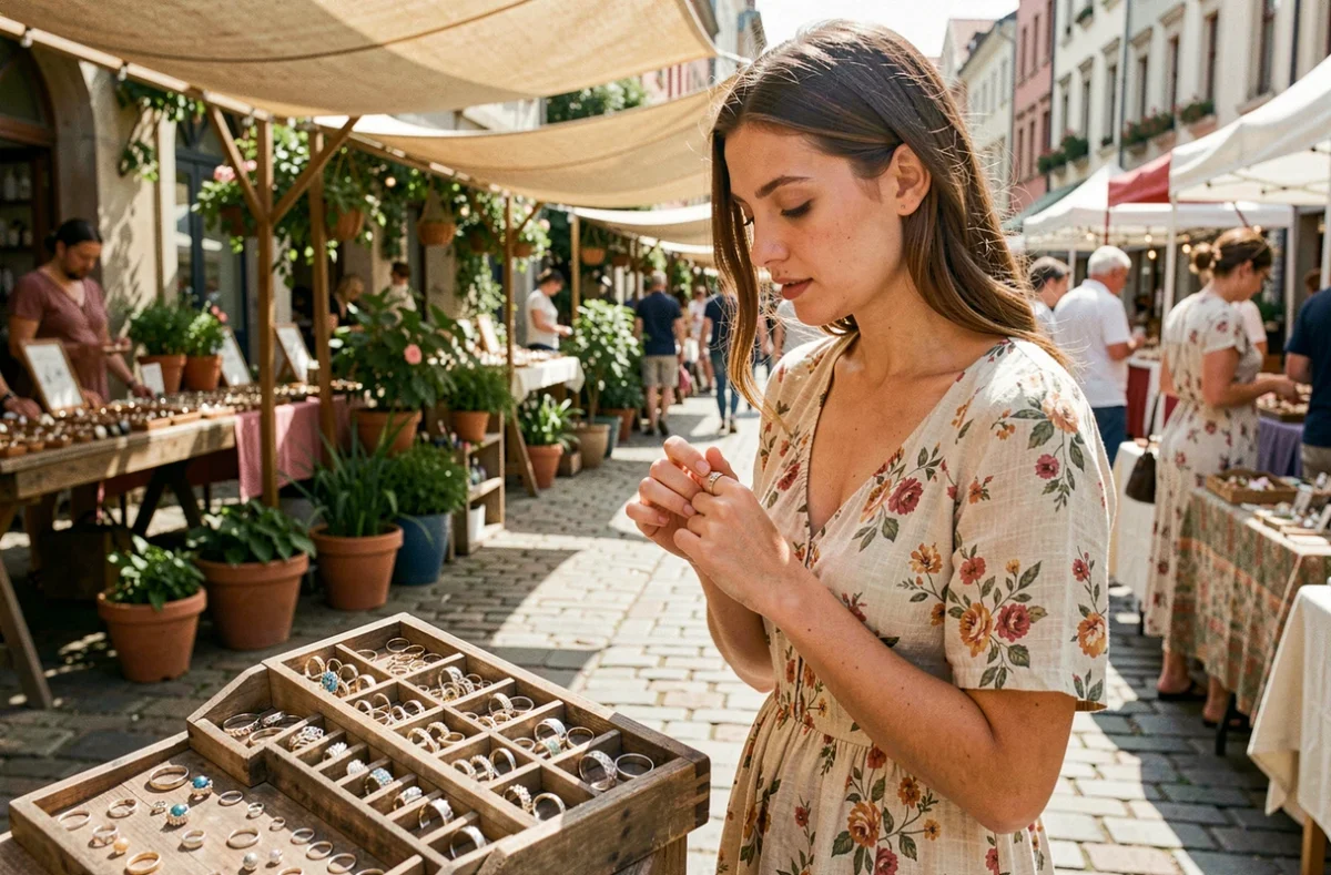 Jeune femme essayant des bagues sur l'index dans un marché artisanal, explorant la signification de chaque doigt
