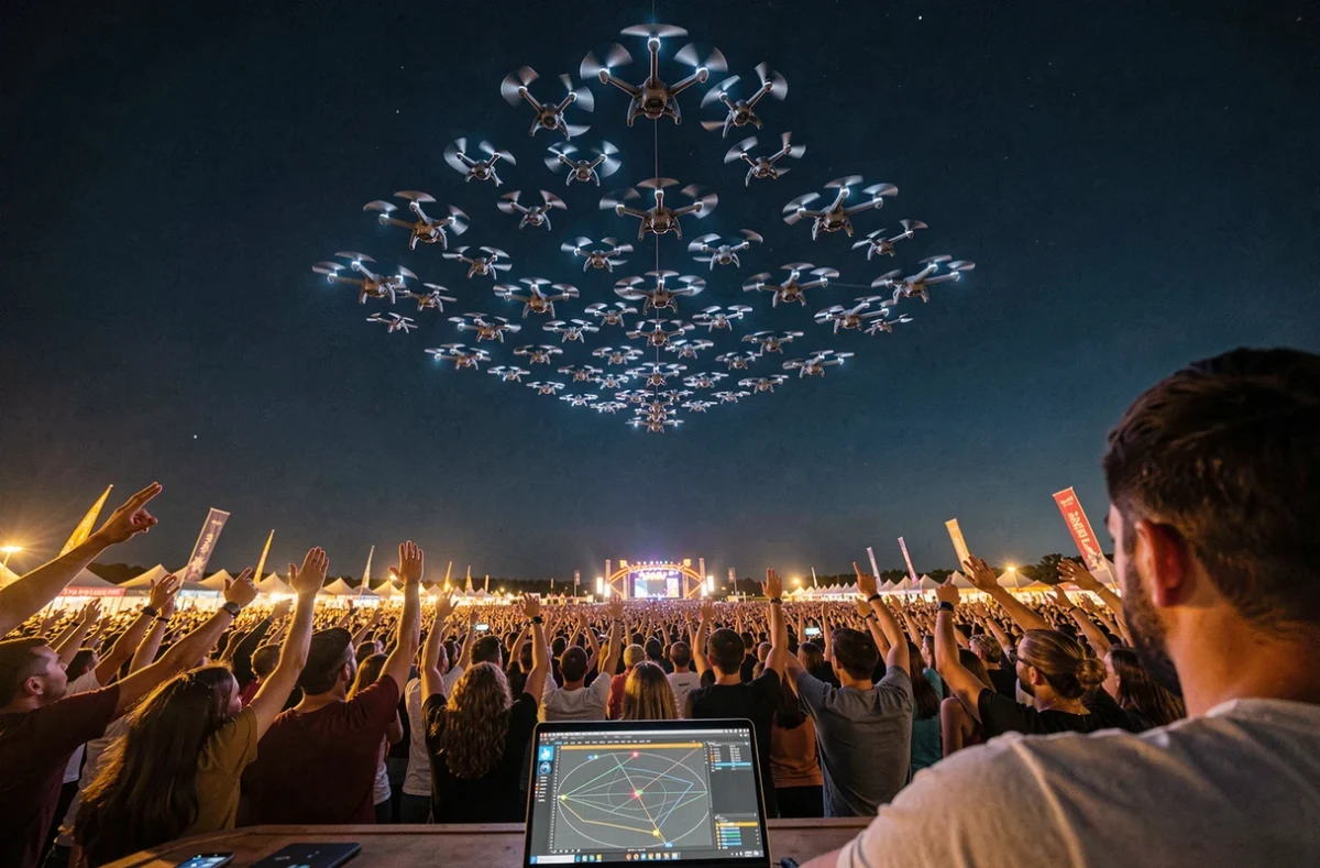 Spectacle de drones en formation lumineuse dans le ciel nocturne au-dessus d'un festival en plein air