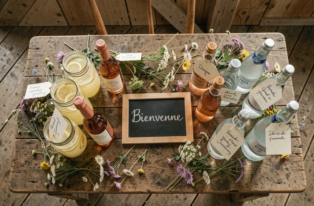 Vue de dessus d'une station de boissons DIY pour vin d'honneur mariage économique avec limonades maison, rosé local et étiquettes faites main