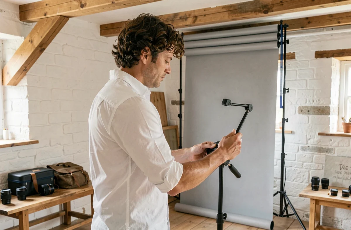 Photographe professionnel préparant son studio photo aménagé dans une ferme bretonne près de Pontchâteau
