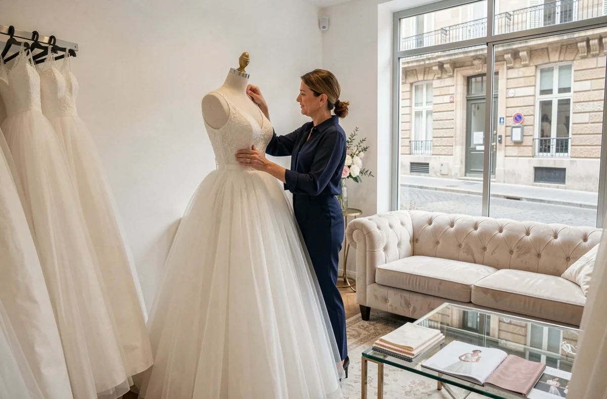 Styliste en boutique de robe de mariée à Montpellier arrangeant une robe sur un mannequin avec espace de consultation en arrière-plan