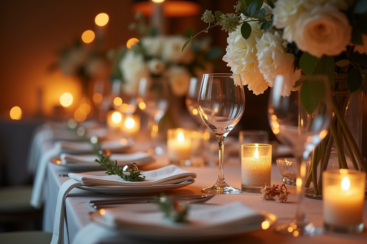 Table élégante pour anniversaire avec vaisselle bougies et fleurs