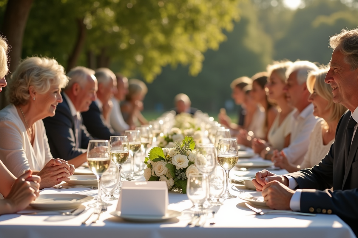 Table de mariage en plein air avec invités et verdure