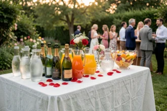 Table de vin d'honneur de mariage petit budget avec carafes de jus de fruits, bol de punch et bouteilles de crémant décorées de fleurs dans un jardin
