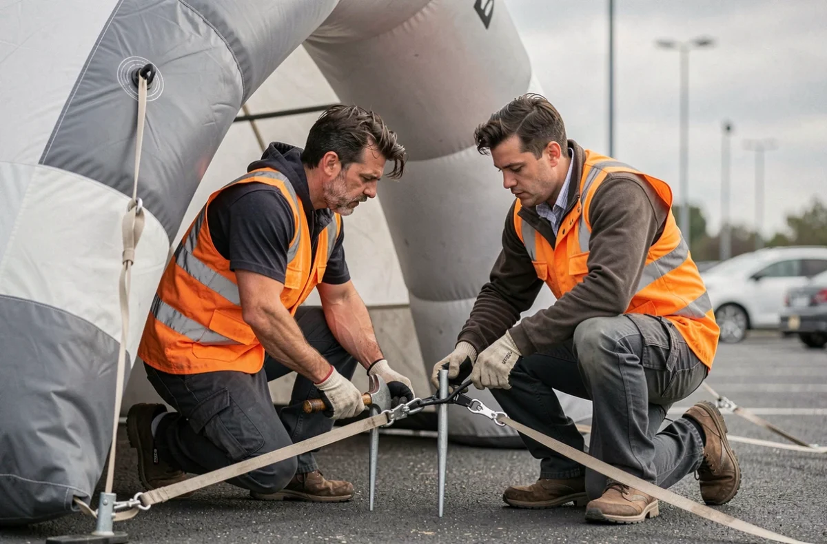 Techniciens installant et ancrant une tente gonflable de réception avec sangles et piquets de sécurité