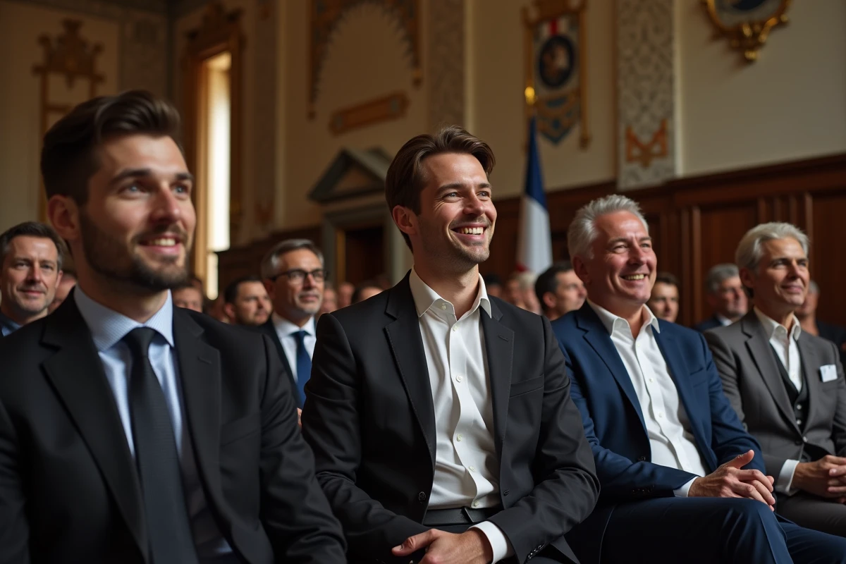Témoins et famille assistant à la cérémonie de mariage civil dans la salle des fêtes de la mairie