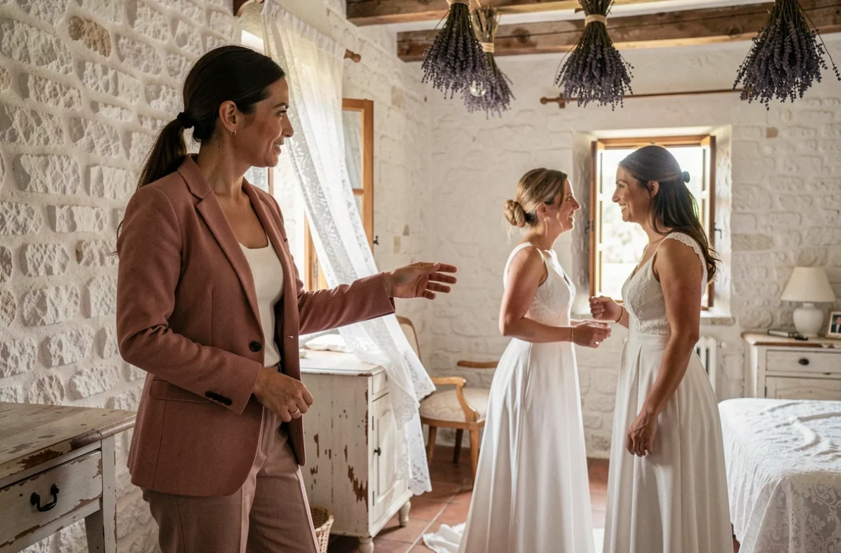 Valérie Saiveau dirigeant une scène de préparatifs de mariage dans une chambre de ferme girondine