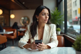 Femme élégante assise dans un café new-yorkais, consultative son téléphone d'un air pensif, illustrant la vie amoureuse et les relations sentimentales d'une célébrité