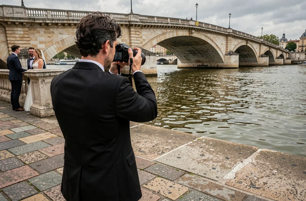 William Juin photographiant des mariés sur les quais de Bordeaux avec le Pont de Pierre en arrière-plan