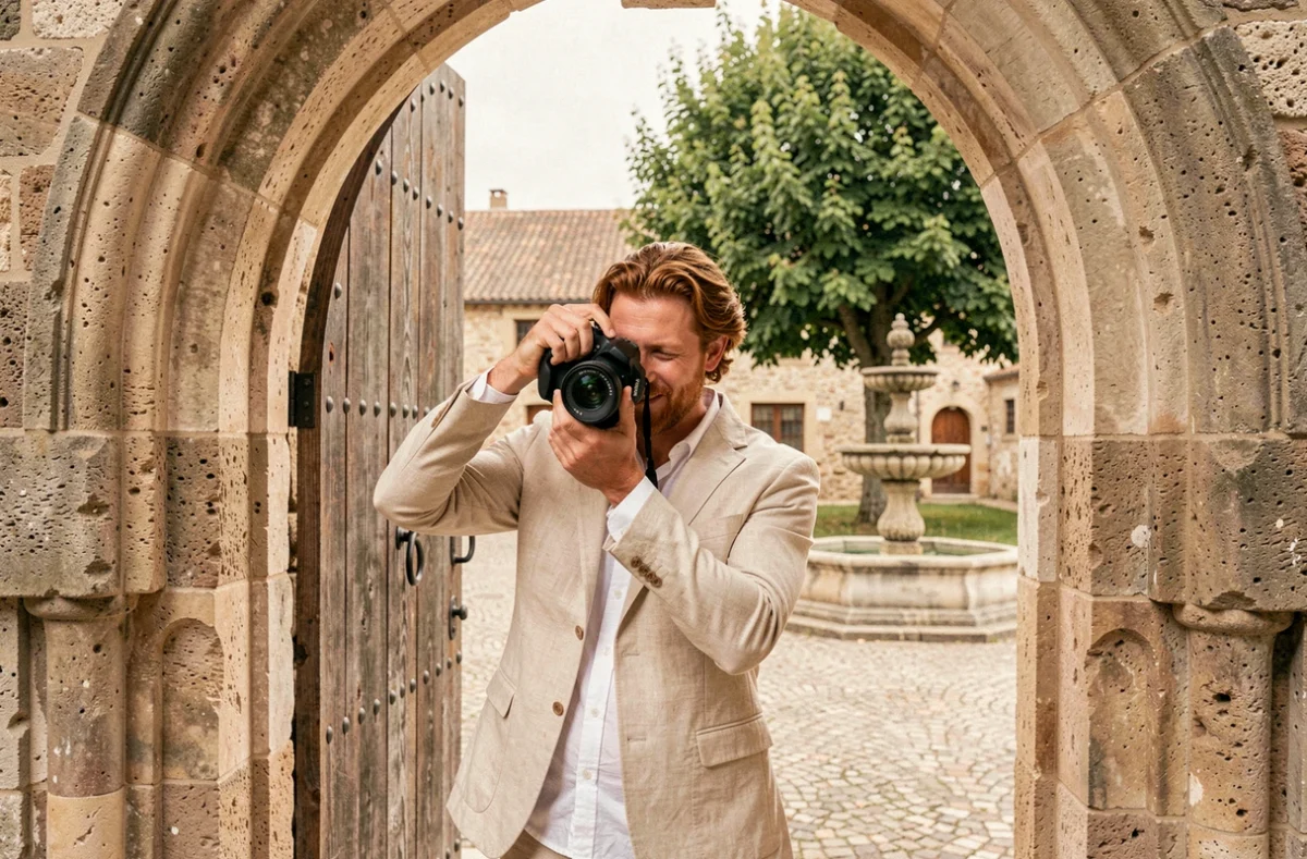 Yann Texier cadrant un portrait de mariée depuis le porche d'une église romane en Gironde